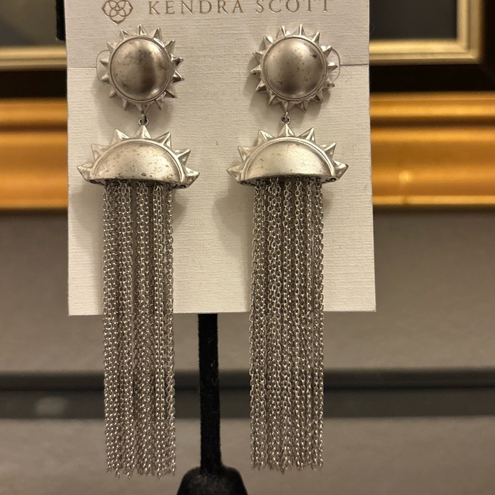 Kendra Scott Sienna Sun Statement Earrings Silver Fringe NWT